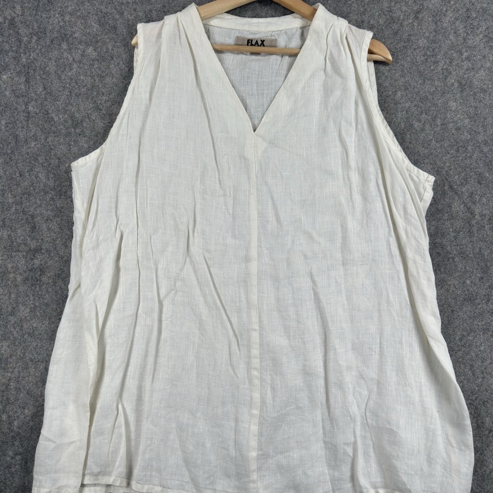 FLAX Tank‎ Top Womens Large White Linen V Neck Sleeveless Tunic Relaxed Fit